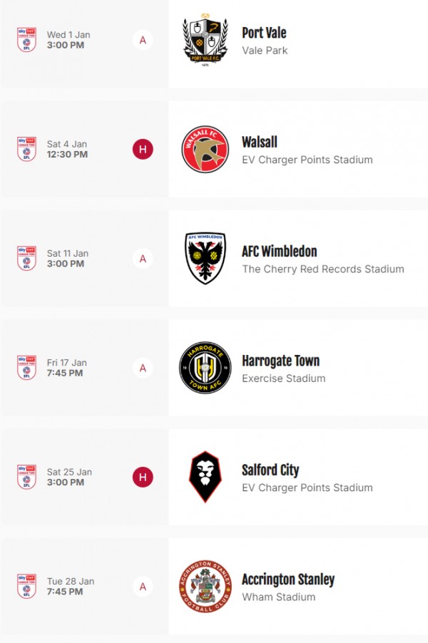 January 2025 Fixtures